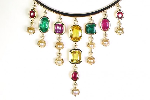 White Pearls With Yellow, Green And Ruby Sapphires