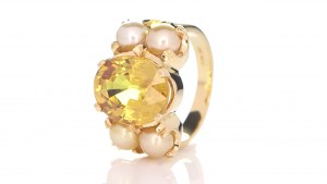 Yellow Sapphire And 4 White Pearls With Golden Ring