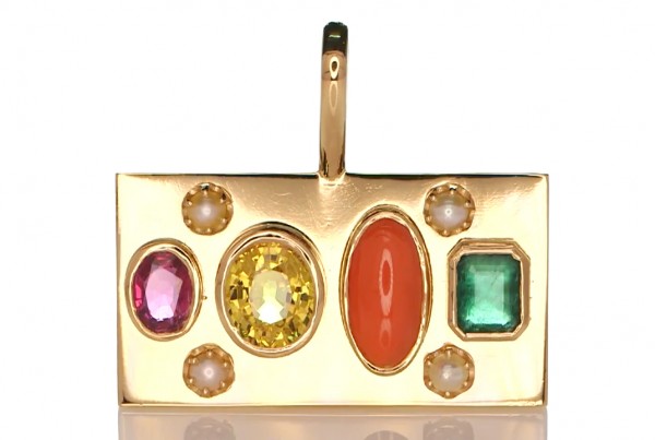 Red Sea Coral, Four White Pearls, Ruby, Yellow Sapphire And A Green Emerald Placed On A Golden Pendant