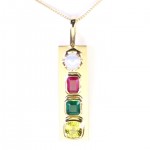 Golden Sapphire, Green Emerald, White Pearl And A Ruby On A Golden Pendant 