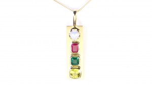 Golden Sapphire, Green Emerald, White Pearl And A Ruby On A Golden Pendant 