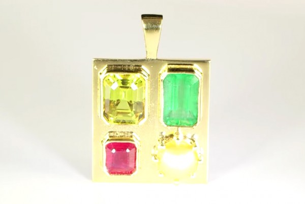 two Yellow Sapphires With Ruby & A Green Emerald Mounted On A Golden Pendant
