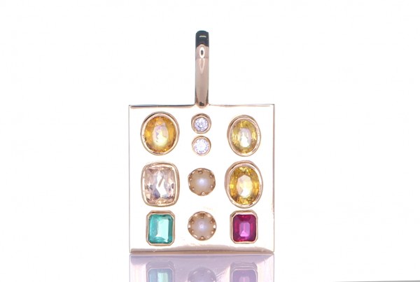 Golden Pendant With 4 Yellow Sapphire, Green Emerald, Ruby 2 Diamonds and 2 White Pearls | Prakash Gems