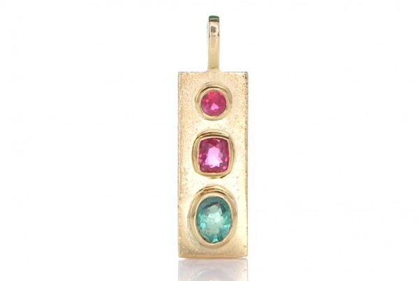 Golden Pendant With Green Emerald, and 2 Rubies