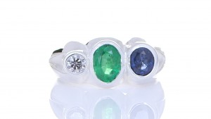 Platinum Ring With Blue Emerald, Green Sapphire and A Diamond