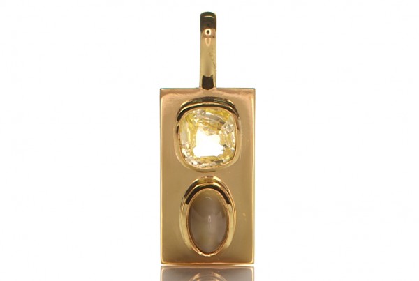 Golden Yellow Sapphire With Cat's Eye Mounted On A Golden Pendant