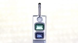 A Diamond, Green Emerald & Blue Sapphire Mounted Onto Platinum Pendant