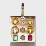 Golden Pendant With Two Diamonds, Two Real Salt Water Pearl, Ruby, Sapphire and Three Yellow Sapphires