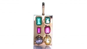Golden Pendant With 2x Green Emeralds, 2x Rubies, a Golden Yellow Sapphire and a Real Salt Water Pearl