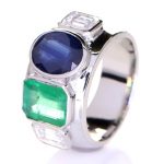 Platinum Ring With Two Diamonds, Green Sapphire & Blue Sapphire