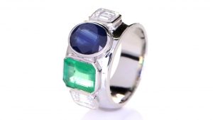 Platinum Ring With Two Diamonds, Green Sapphire & Blue Sapphire