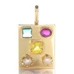 Golden Pendant With Yellow Sapphire, Green Emerald, Ruby And 2 Real Salt Water Pearls