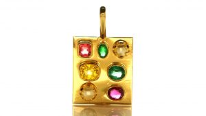 Golden Pendant With Two Real Salt Water Pearls, Two Emeralds, A Yellow Sapphire and Two Rubies