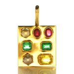 Golden Pendant With Two Real Salt Water Pearls, Two Green Emeralds, Two Rubies and a Yellow Sapphire