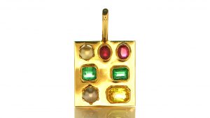 Golden Pendant With Two Real Salt Water Pearls, Two Green Emeralds, Two Rubies and a Yellow Sapphire