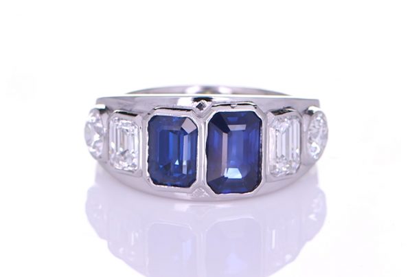 Platinum Ring With Two Blue Sapphires and Four Diamonds