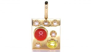 Golden Pendant With Five Real Salt Water Pearls, Yellow Sapphire And A Coral