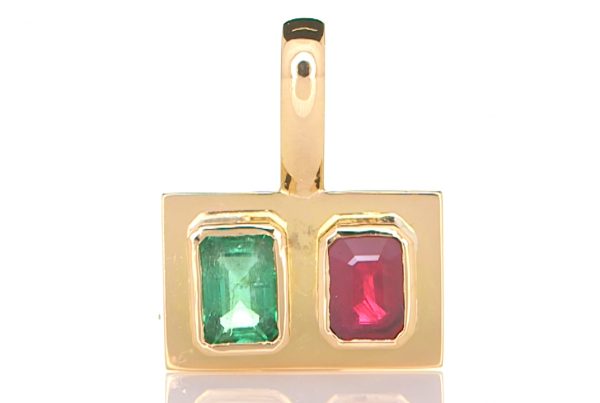 Golden Pendant With Green Emerald With A Ruby