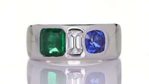 Platinum Ring With A Diamond, Green Sapphire And A Blue Sapphire